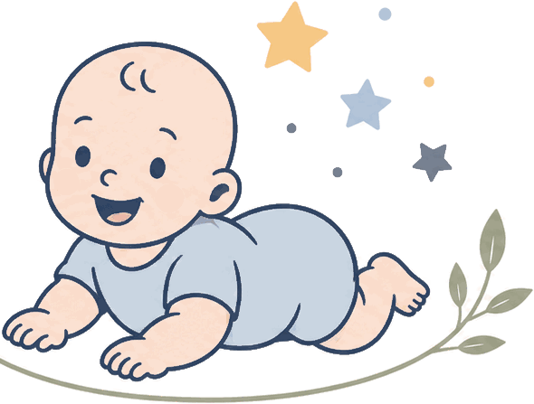 Illustration of a smiling baby resting on a sage green branch, with small stars above